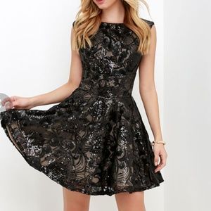 LULU'S Floral Black Sequin Skater Dress